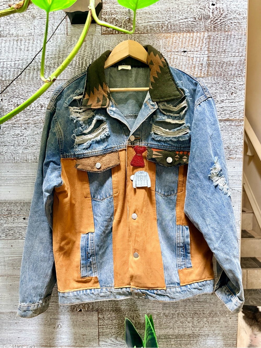 Blue Buttercup | Southwestern Boho Geometric Distressed Denim Jacket - Women's L